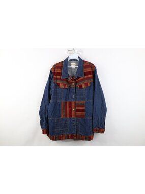Vtg 90s Y2K Streetwear Womens L Rainbow Tapestry Patchwork Denim Shirt Jacket